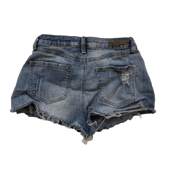 Almost Famous Shorts Womens 3 Blue Denim High Rise Embroidered Distressed Floral - Picture 7 of 7